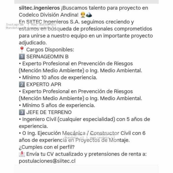 Codelco Andina: Vacantes SIITEC Ingenieros