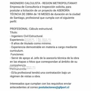 Ingeniero Calculista Estructural – Santiago