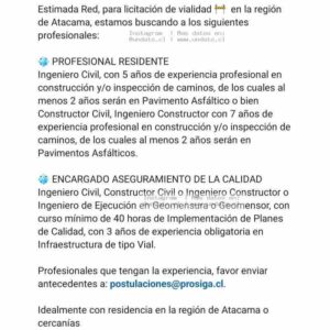 Profesionales para Licitación Vial Atacama