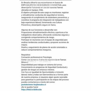 Especialista en Seguridad Conductual – Faena Minera en Iquique