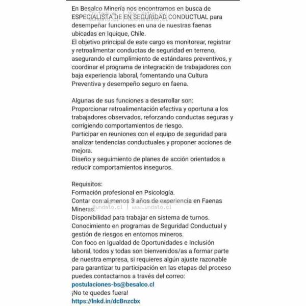 Especialista en Seguridad Conductual – Faena Minera en Iquique