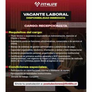 Vacante Recepcionista Fit4Life