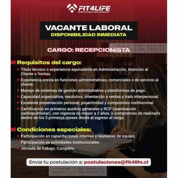 Vacante Recepcionista Fit4Life
