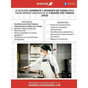 Aspirante y Ayudante de Cocina para Faena Minera en Calama - Turnos 10x10