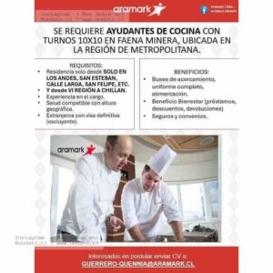 Ayudantes de Cocina Para Faena Minera Turnos 10x10