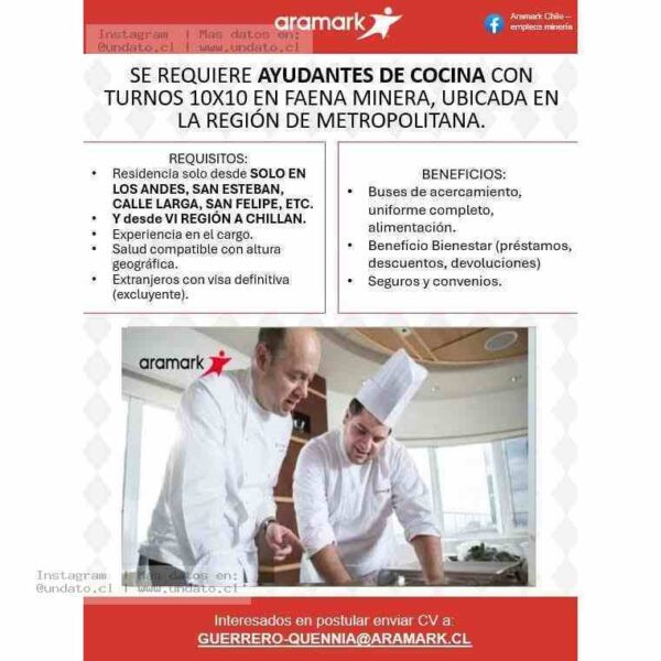 Ayudantes de Cocina Para Faena Minera Turnos 10x10