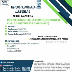Ingeniero de Control de Proyecto – Minería, Salamanca
