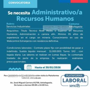 Administrativo de Recursos Humanos – Minería, Antofagasta