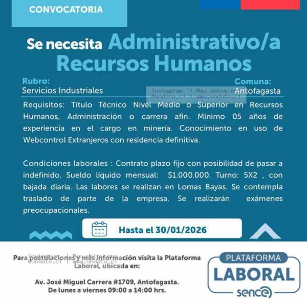 Administrativo de Recursos Humanos – Minería, Antofagasta