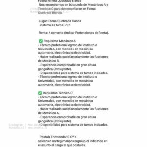 Mecánicos A y Técnicos C – Faena Quebrada Blanca