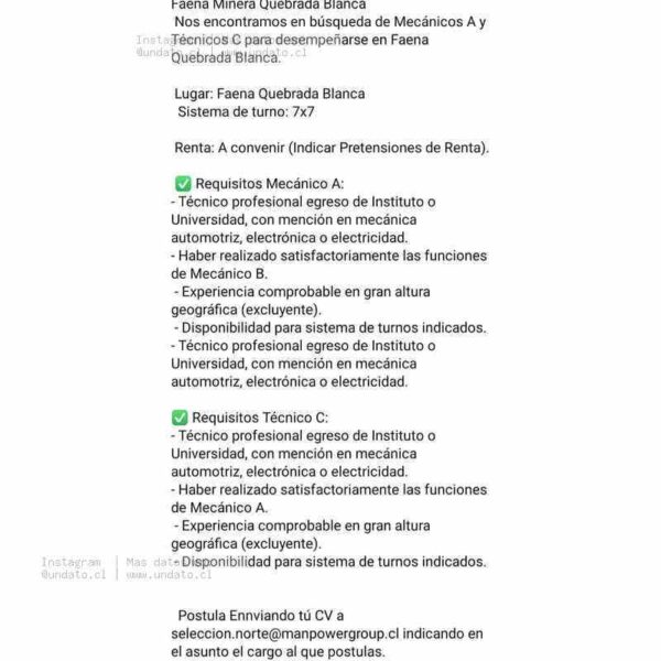 Mecánicos A y Técnicos C – Faena Quebrada Blanca