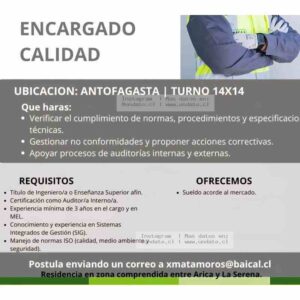 Encargado De Calidad - Antofagasta (Turno 14x14)