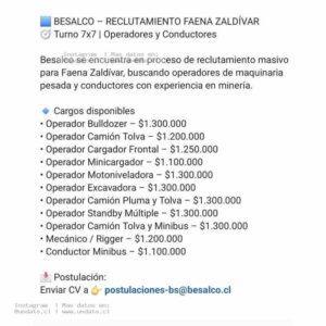 Reclutamiento Faena Zaldívar - Operadores
