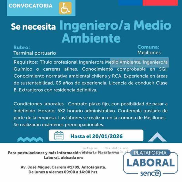 Ingeniero/a Medio Ambiente para Terminal Portuario en Mejillones