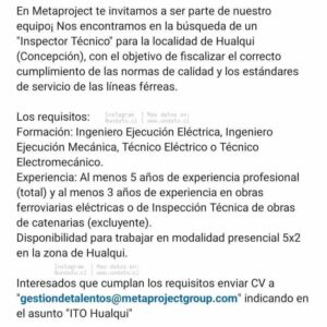 Inspector Técnico para Obras Ferroviarias Eléctricas en Hualqui, Biobío
