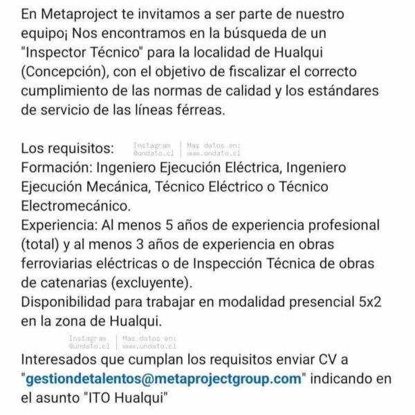 Inspector Técnico para Obras Ferroviarias Eléctricas en Hualqui, Biobío