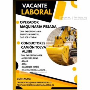 Operador de Maquinaria Pesada: Komatsu, CAT, JCB, Hyundai