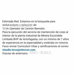 Operador De Camión Barredor Para Minera Escondida Antofagasta Reclutamiento