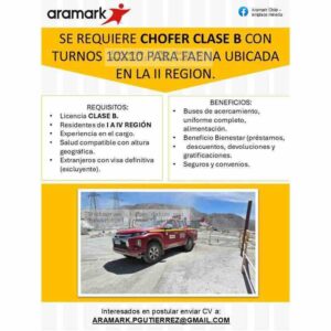 Chofer Clase B para faena minera II Región (Turnos 10x10)