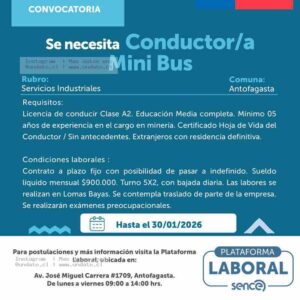 Conductor/a de Mini Bus para Minería – Lomas Bayas, Antofagasta