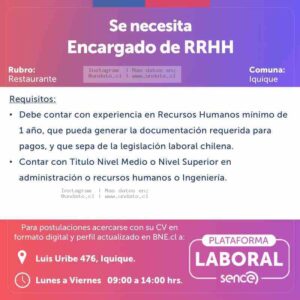 Encargado de RRHH Restaurante Iquique