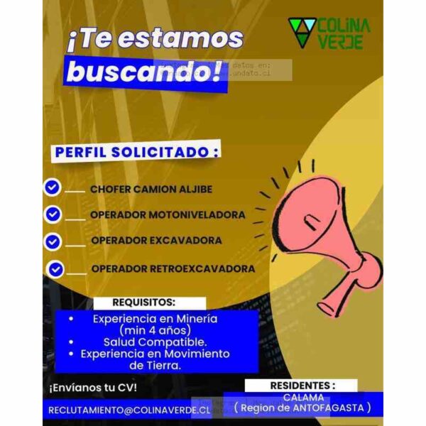 Empleos en Minería y Faenas: Chofer Camión Aljibe, Motoniveladora, Excavadora y Retroexcavadora en Calama