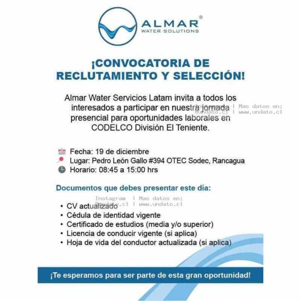 Reclutamiento presencial CODELCO El Teniente – Oportunidades laborales en Rancagua