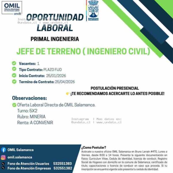 Jefe de Terreno Ingeniero Civil – Minería