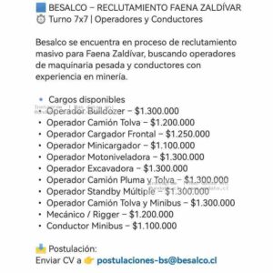 Operadores y Conductores para Faena Zaldívar