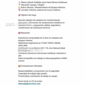 Soldador para Faena Minera Collahuasi