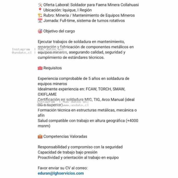 Soldador para Faena Minera Collahuasi