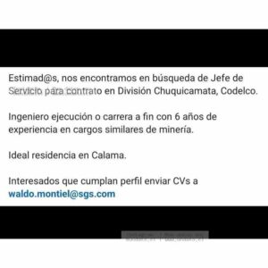 Jefe de Servicio – División Chuquicamata, Codelco