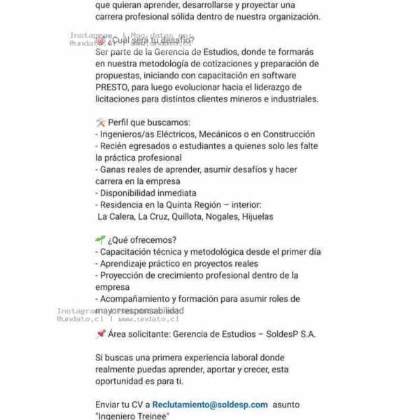 Ingeniero Trainee – Gerencia de Estudios, SoldesP S.A. (Quinta Región)