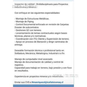 Inspector de Calidad Multisciplinario Minería