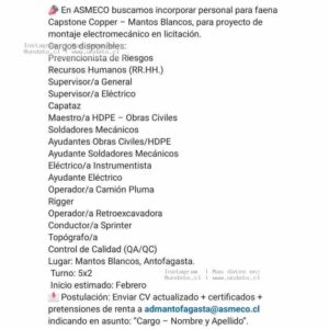 Empleos Electromecánicos Capstone Copper Mantos Blancos