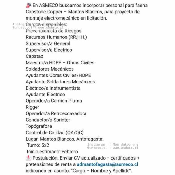 Empleos Electromecánicos Capstone Copper Mantos Blancos