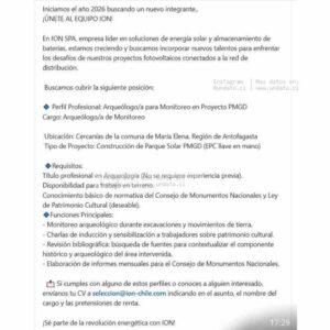 Arqueólogo/a de Monitoreo para Proyecto PMGD en María Elena, Antofagasta | ION Chile