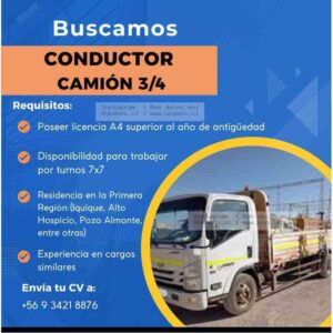 Conductor Camión 3/4 – Licencia A4, Turnos 7x7