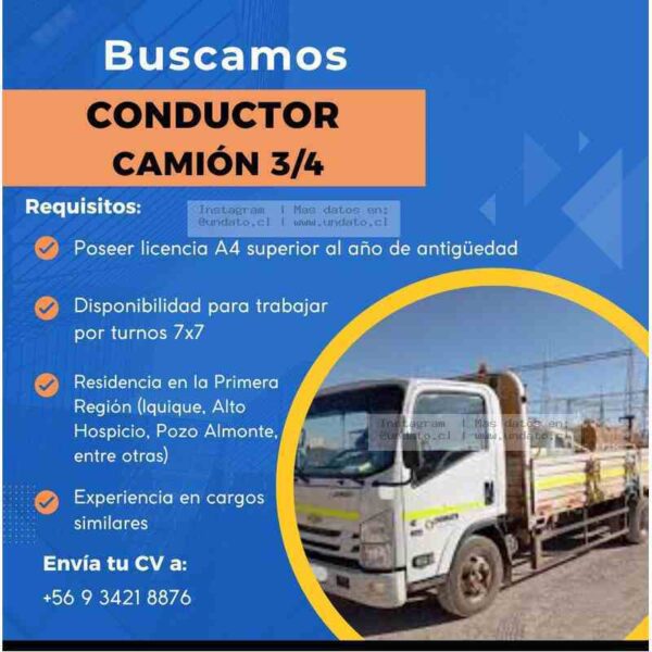 Conductor Camión 3/4 – Licencia A4, Turnos 7x7