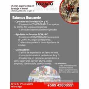 Vacante: Sondaje Minero DDH y RC – Operadores y Ayudantes