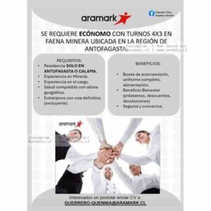 Ecónomo turnos 4x3 en faena minera Antofagasta