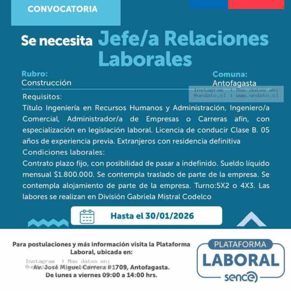 Jefe/a Relaciones Laborales Antofagasta