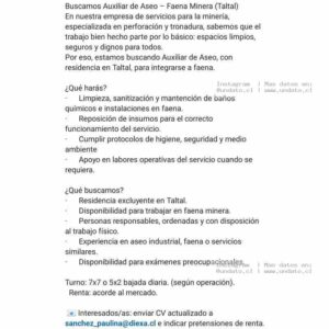 Auxiliar de Aseo para Faena Minera en Taltal