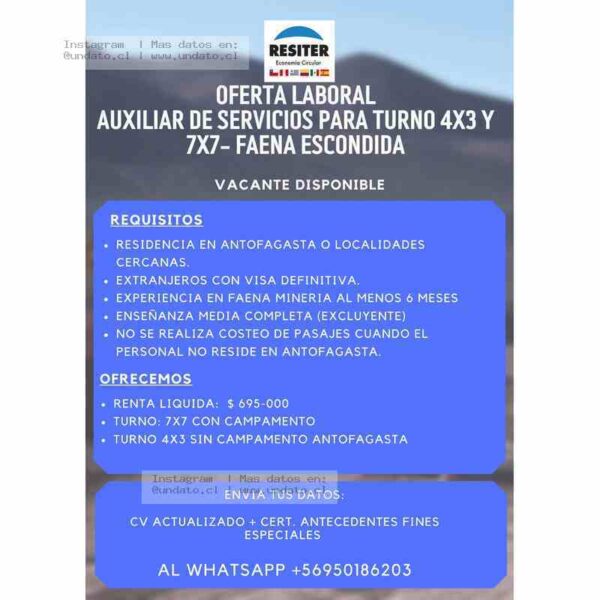 Auxiliar De Servicios Mineros 4x3 7x7 Antofagasta
