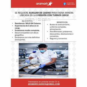 Auxiliar de Casino para Faena Minera en Calama (Turnos 10x10) - Aramark Chile
