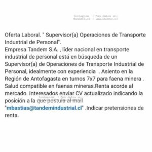 Supervisor de Operaciones de Transporte Industrial Antofagasta