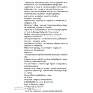 Prevencionista de Riesgos en Obra - Construcción