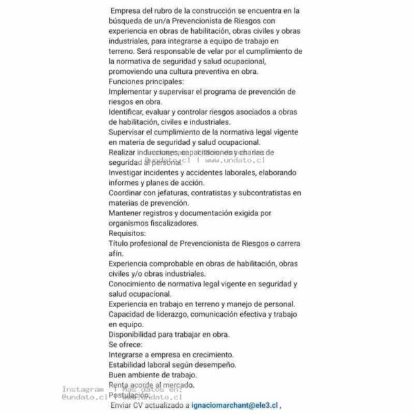 Prevencionista de Riesgos en Obra - Construcción