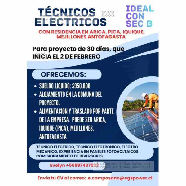 Técnicos Eléctricos para Proyecto Solar 30 días