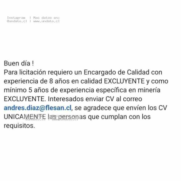 Encargado de Calidad para Licitación Minera